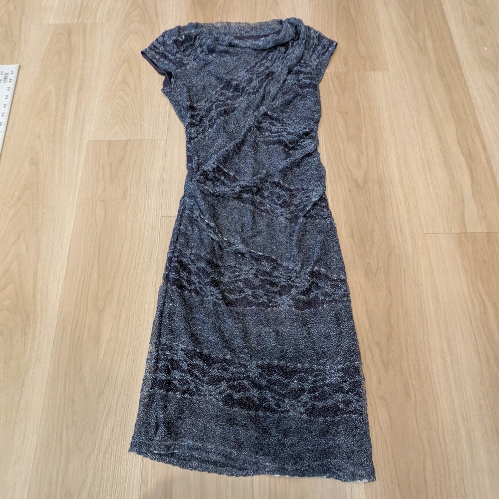 Reiss Blue Gray Abstract Spiderweb Lace Gathered Dress Size 6